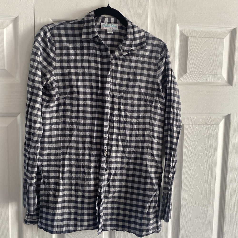 Charlotte Kellogg Gingham Silk Button Down Womens Size S Black White Plaid Shirt